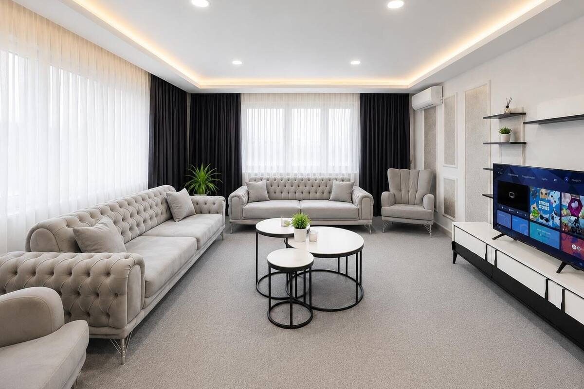 Un salon moderne avec un canapé, une table basse et un téléviseur.