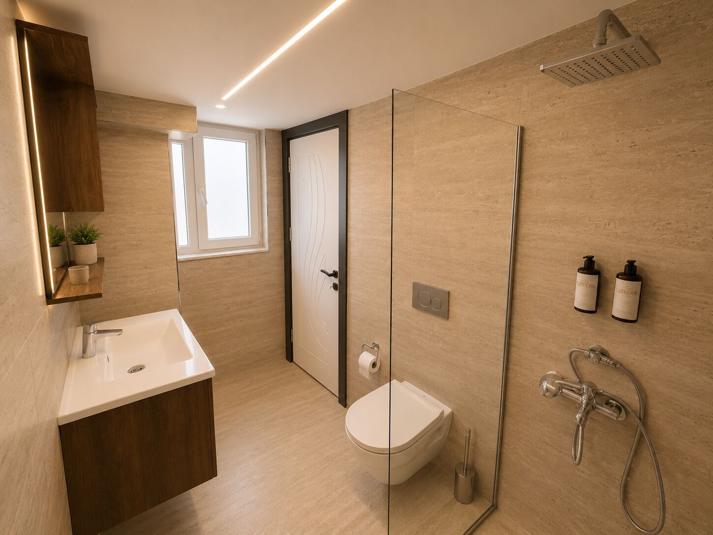 A modern bathroom with a glass shower enclosure, a toilet, a sink, and a mirror.