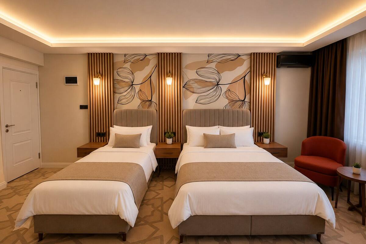 Une chambre d’hôtel avec deux lits, une chaise rouge, une petite table et un mur orné de motifs de feuilles.