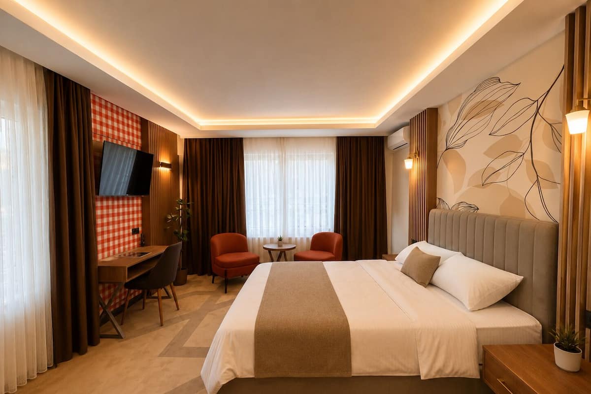 Une chambre d’hôtel comprenant un lit, deux chaises, un bureau, une télévision et un mur orné d’un motif de feuilles.