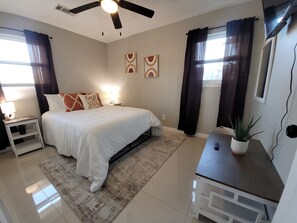 4 bedrooms, desk, iron/ironing board, travel cot