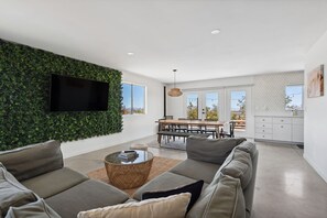 TV, fireplace, books, stereo