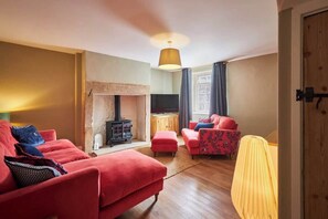 TV, fireplace, books, offices