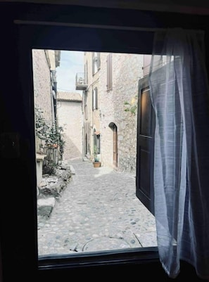 A narrow cobblestone street with stone buildings on either side, a potted plant, and a window with a curtain.