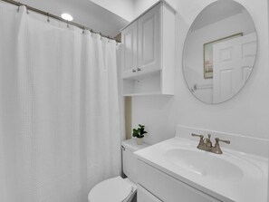 Une salle de bain avec un rideau de douche blanc, des toilettes, un lavabo avec un miroir au-dessus, et une petite plante en pot posée sur le bord du lavabo.