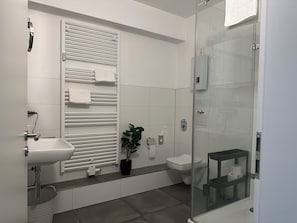Dusche, Haartrockner, Handtücher, Seife
