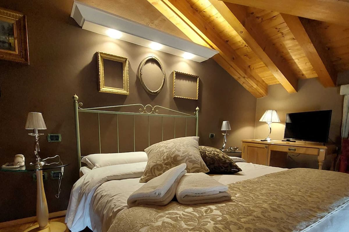 Un dormitorio con techo de madera, una cama con ropa de cama estampada, dos lámparas de noche y un televisor sobre un aparador de madera.