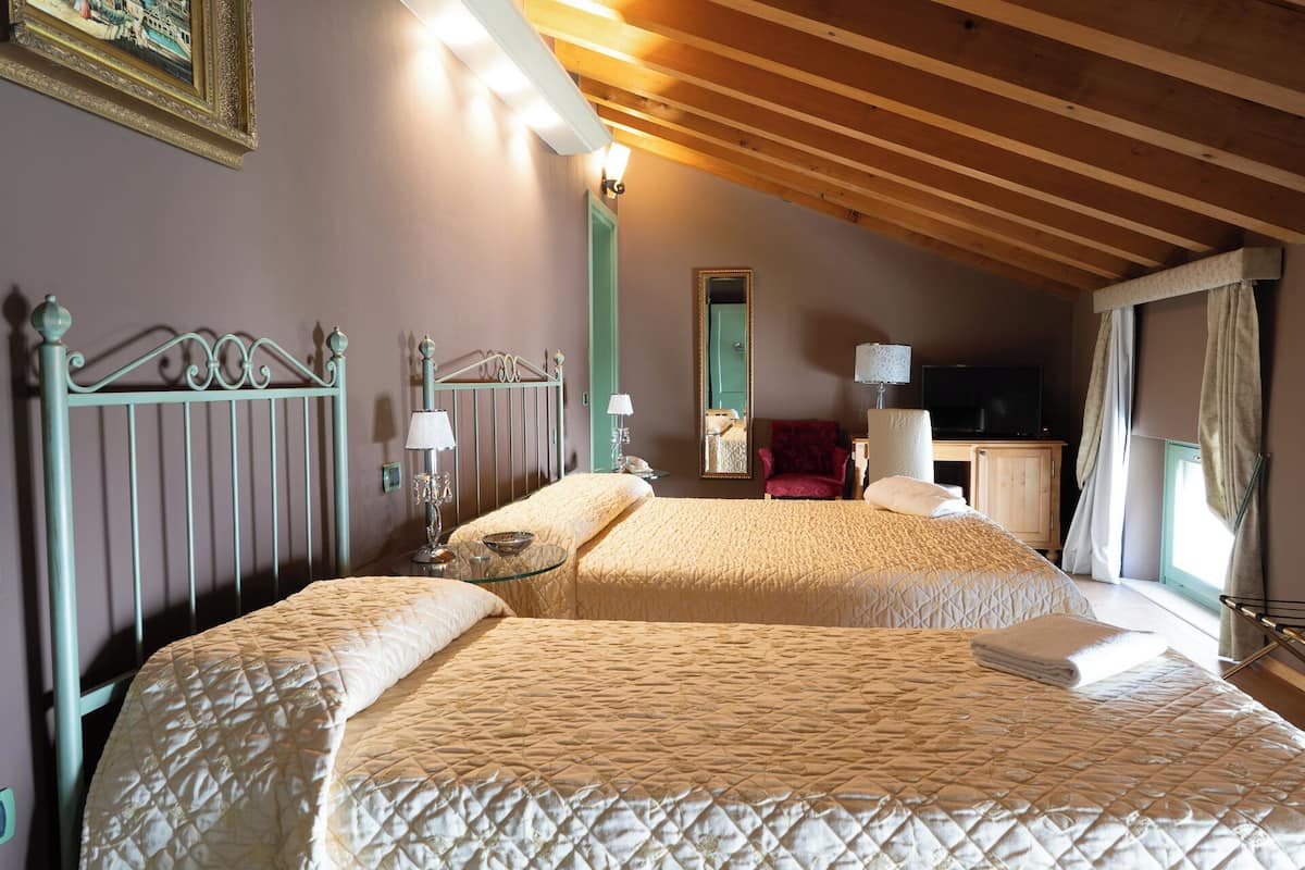 Habitación de hotel con dos camas, televisión, escritorio y espejo.