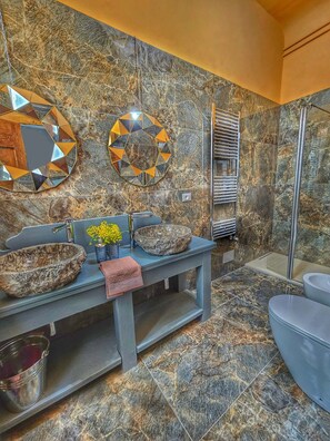 Shower, hair dryer, bidet, towels