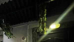A building entrance with a dark door, a white wall with a small sign, and a light fixture above. - In the heart of Naples. Pets allowed. Stroller and crib available free of charge. (Napoli)