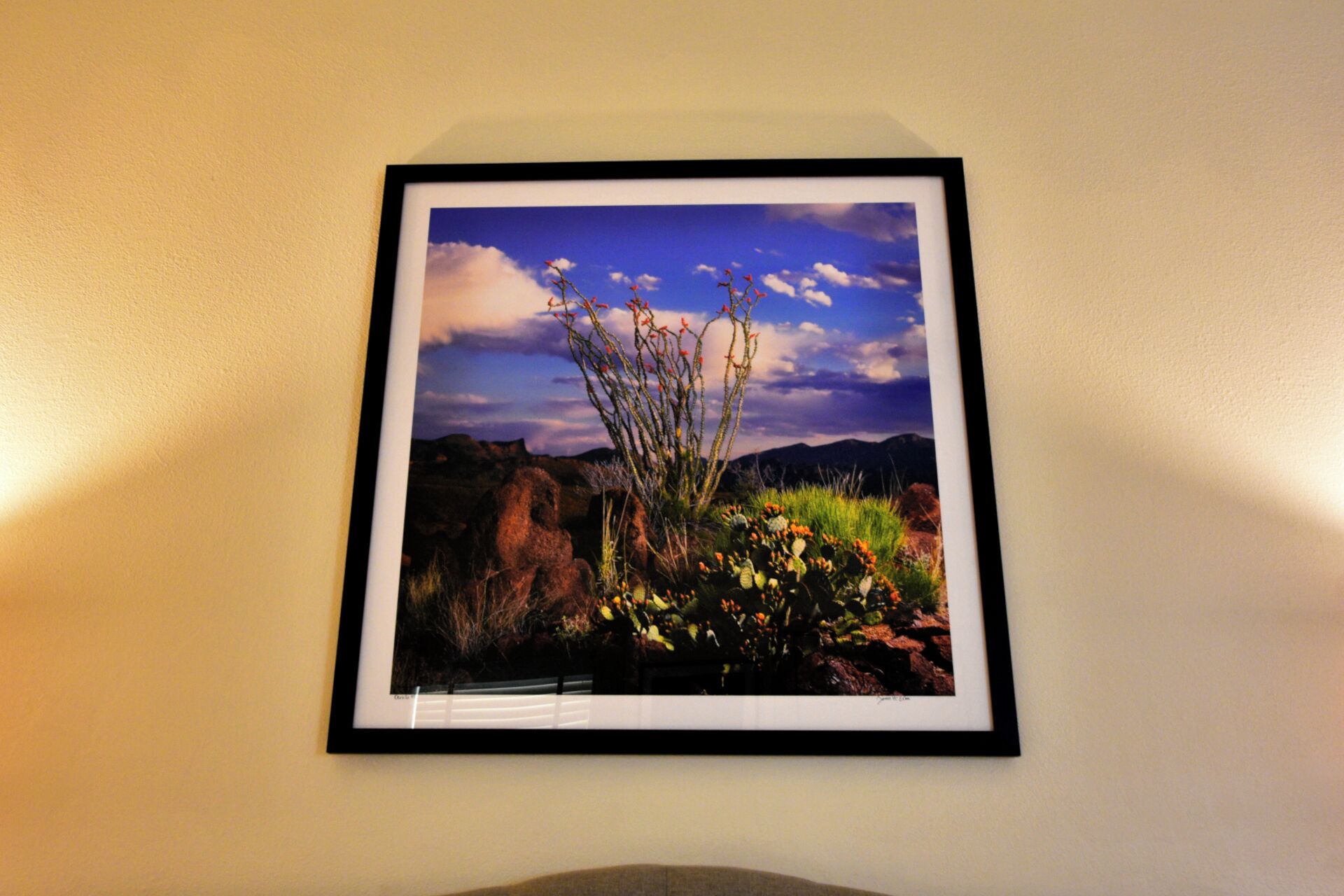 A framed landscape photograph on a wall.