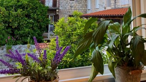 Uitzicht vanuit een raam, met potplanten, een stenen gebouw met een rode dakbedekking en een balkon.