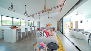 Smart TV, fireplace, table football, books