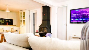 A living room with a sofa, a television, a kitchen area, and a fireplace. - Close to Franklin College and Lugano (Collina d'Oro)