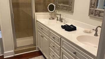 Hair dryer, towels, soap, toilet paper