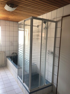 Hair dryer, towels, soap, shampoo