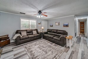 Cabin, Multiple Beds, Hot Tub | Living area | TV, fireplace
