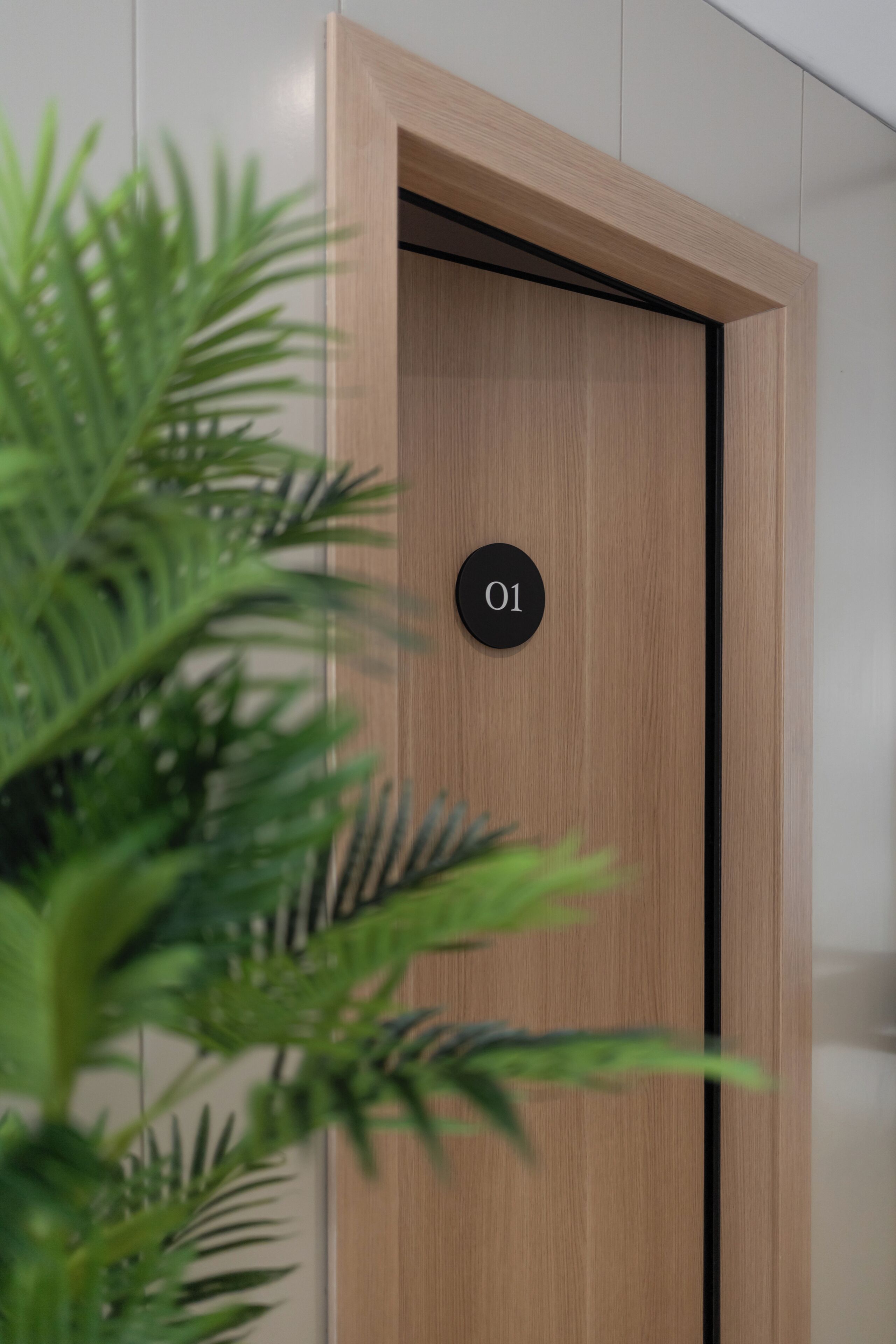 A wooden door with a black frame and a circular sign with the number "01".