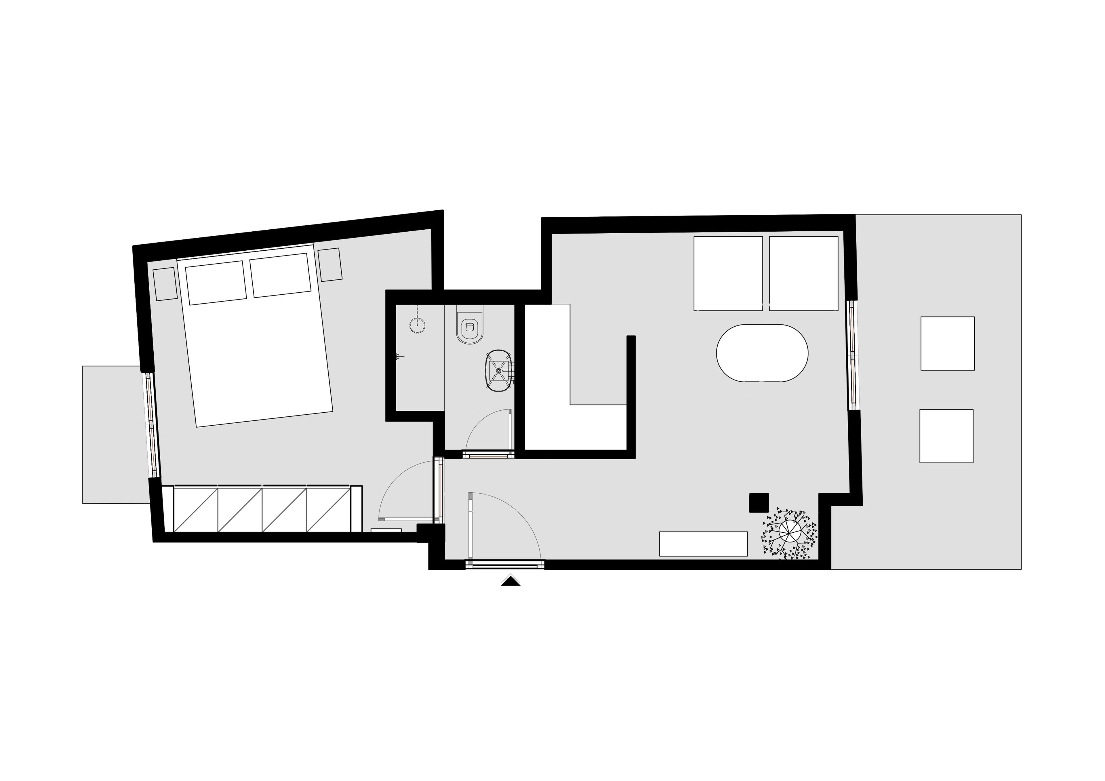 Planta baixa de um hotel com um quarto espaçoso, banheiro, cozinha e sala de jantar.