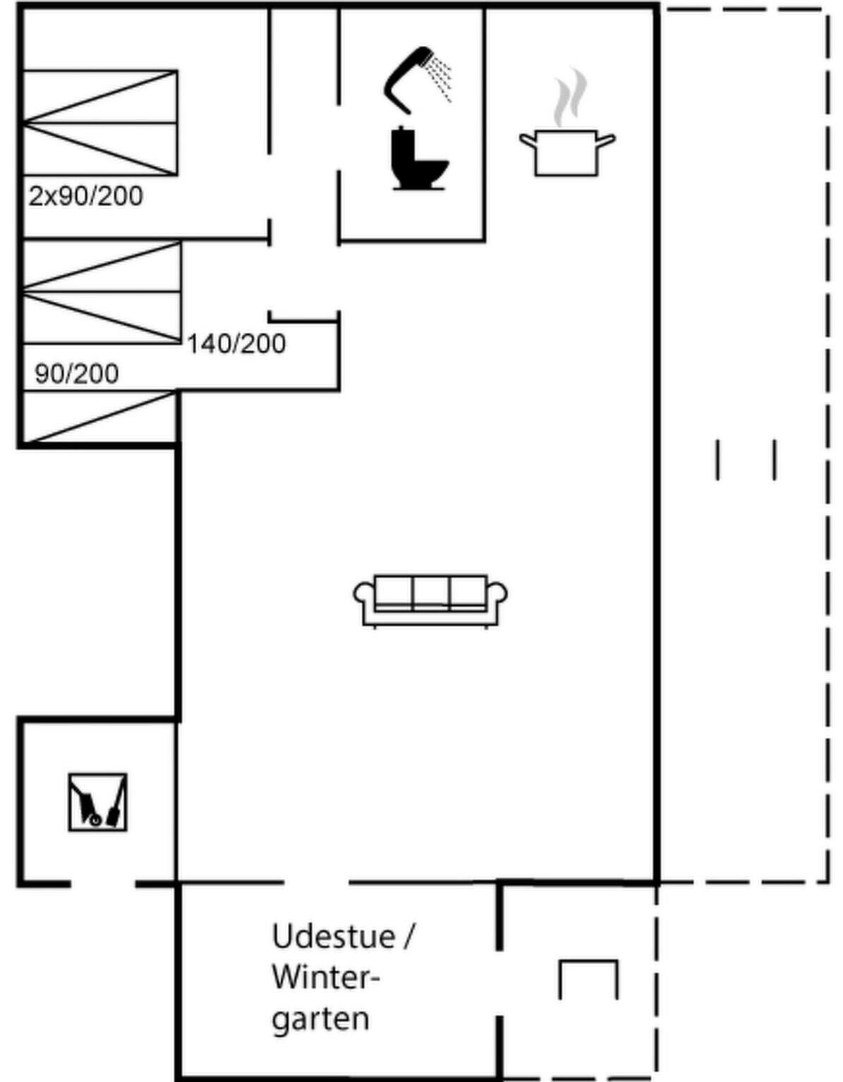 Ein Grundriss mit einer Küchenzeile, einem Badezimmer, einer Sitzecke und einem Garten.