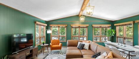 TV connectée, cheminée, livres