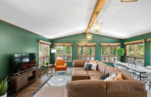 Smart TV, fireplace, books