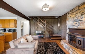 Smart TV, fireplace, books