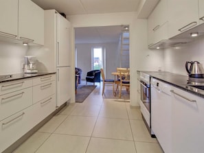 Fridge, oven, dishwasher, cookware/dishes/utensils