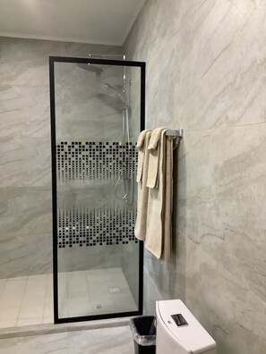Dusche, Haartrockner, Handtücher, Seife