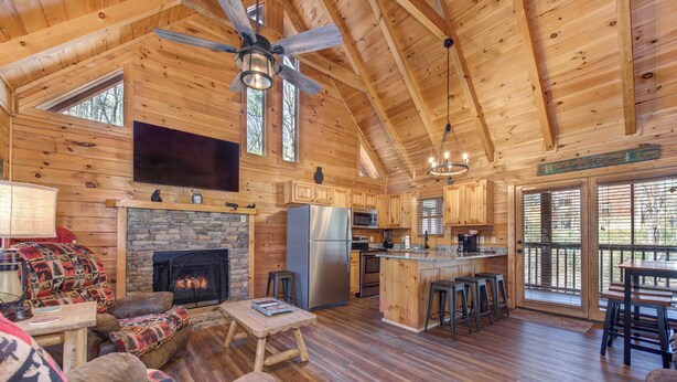 Ferienhütte, Mehrere Betten, Whirlpool, Bergblick (Country Bear Cove) | Wohnbereich | 42-Zoll-Flachbildfernseher mit Digitalempfang, Kamin