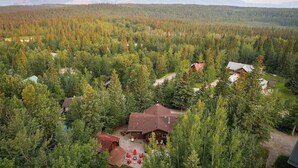 Un lodge circondato da una fitta foresta e montagne sullo sfondo.