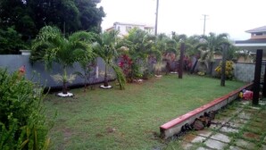 A well-maintained garden with various palm trees and shrubs, a paved pathway, and a low stone wall.