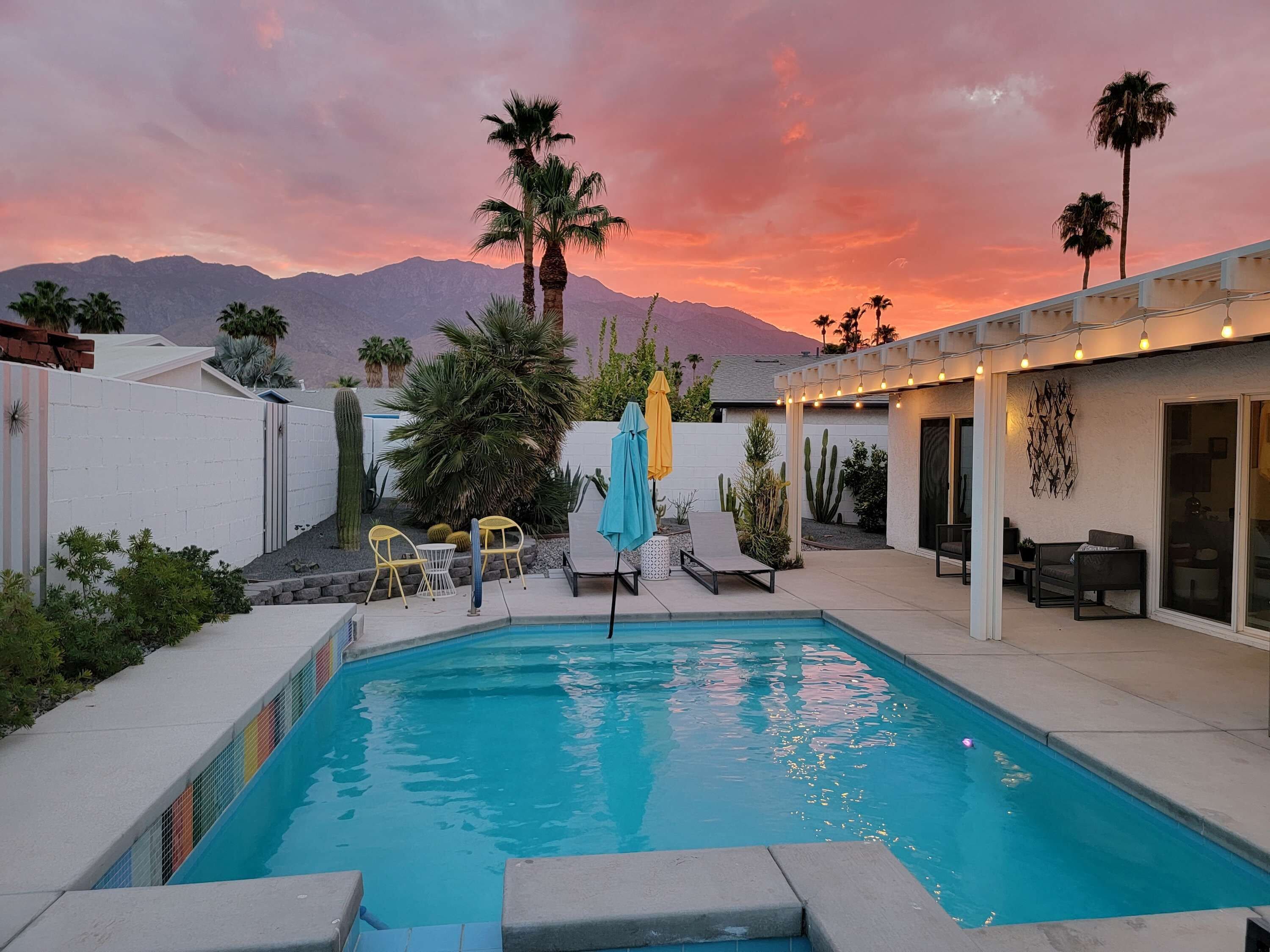 Un jardin avec une piscine, des meubles de patio et des palmiers.