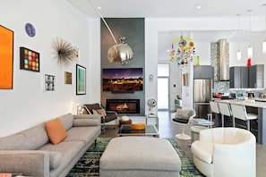 House, Multiple Beds, Pool Access, Pool View (Demuth Park Desert Oasis) | Living area | 50-inch flat-screen TV with digital channels, fireplace
