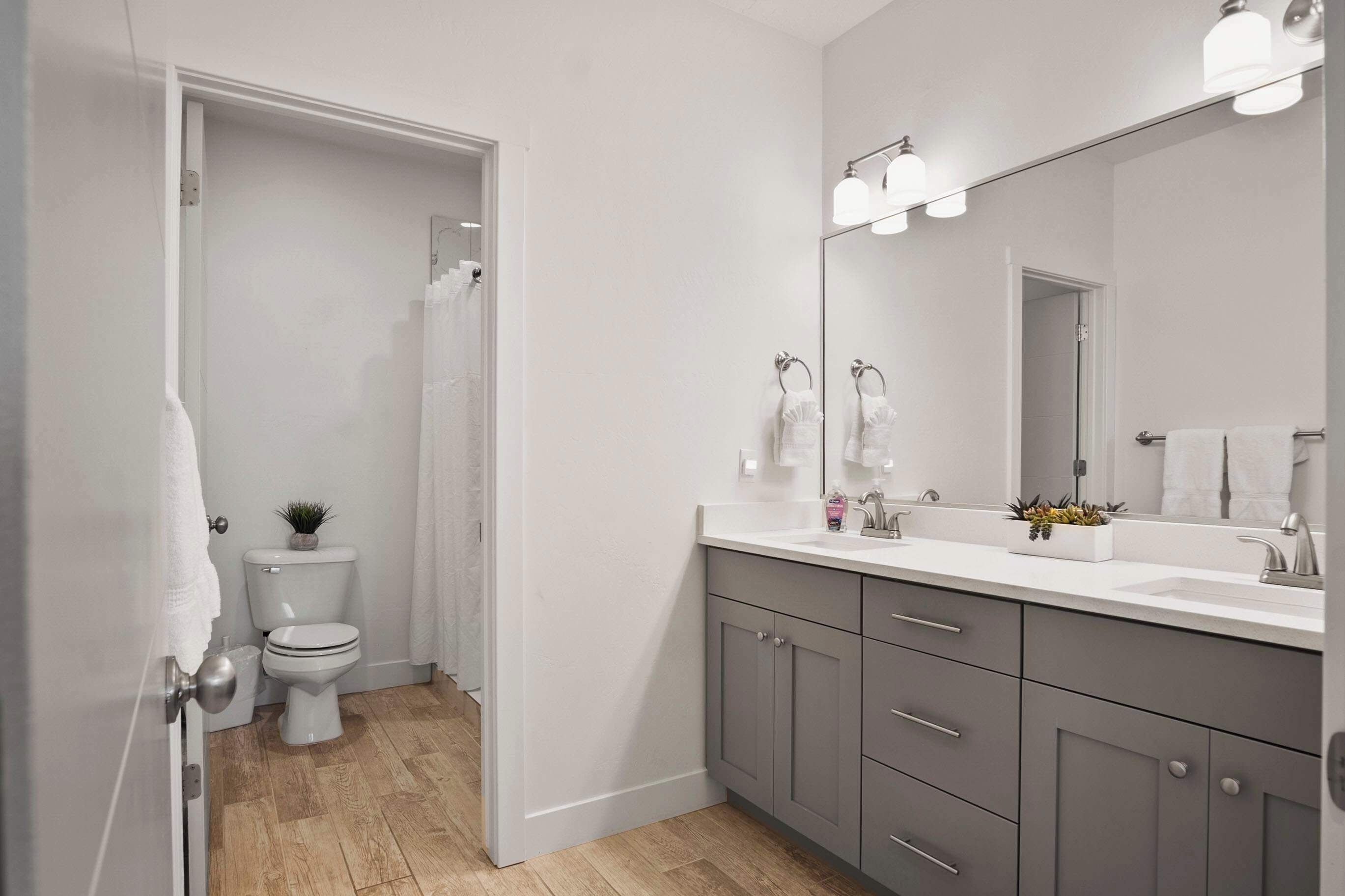 A modern bathroom with a toilet, sink, and mirror.