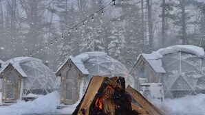 A snow-covered outdoor area with a fire burning, surrounded by wooden structures.