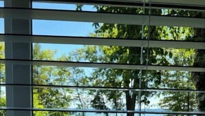 A view through window blinds of a grassy area with trees and a body of water.