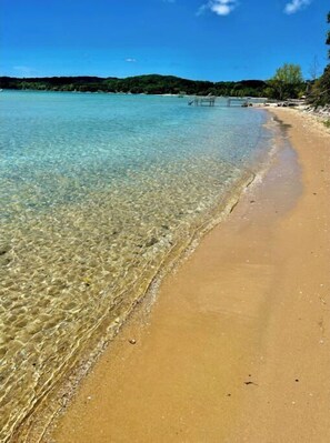 On the beach, sun-loungers, beach towels