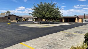 A parking lot with a building in the background, a tree in the center, and a clear blue sky. - Black Horse Motel (Apple Valley)
