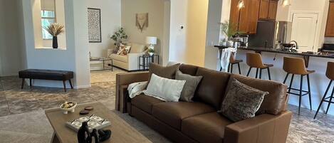 TV connectée, cheminée, livres, vidéothèque