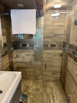 Shower, towels, soap, toilet paper