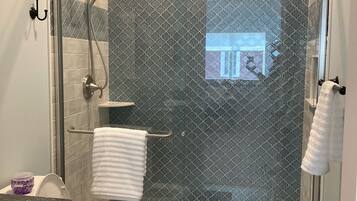 Shower, towels, soap, shampoo