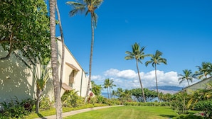 A well-maintained garden with palm trees and a pathway leading to a building with a sloped roof. - Hale Kai at Maui Kamaole (Kihei)