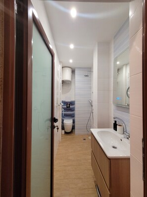 Regadera, secadora de cabello, bidet, toallas
