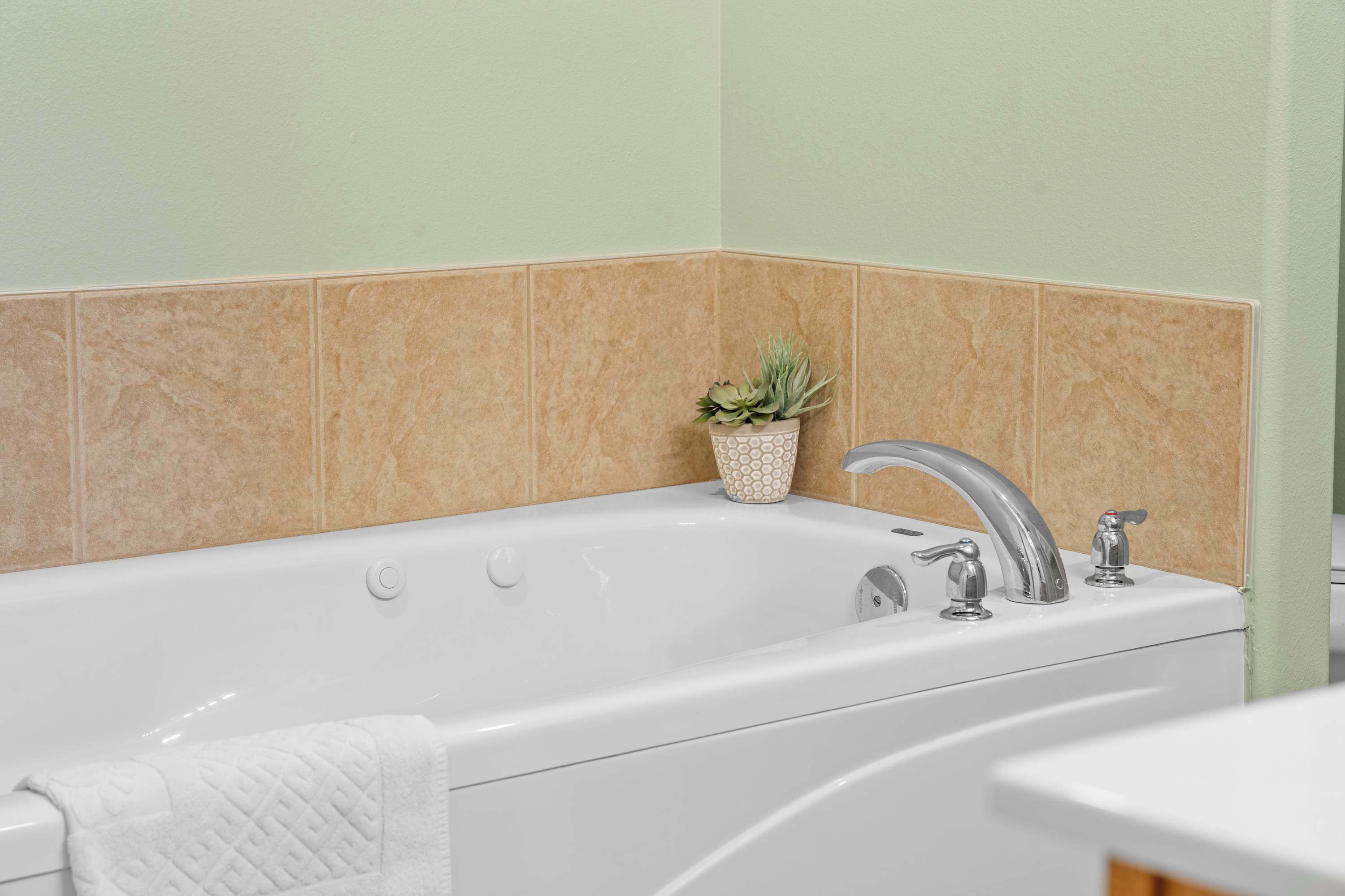 Un baño con bañera, una planta pequeña en maceta y una toalla.