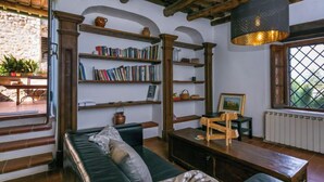 A cozy living room with a green sofa, wooden bookshelves, a coffee table, and a large window with a view. - Torre 2 by Interhome (Sovicille)