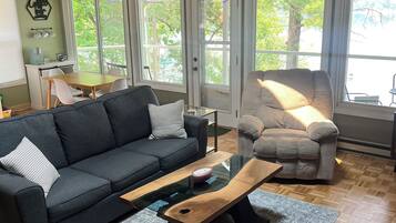 Televisión, chimenea, futbolito y libros