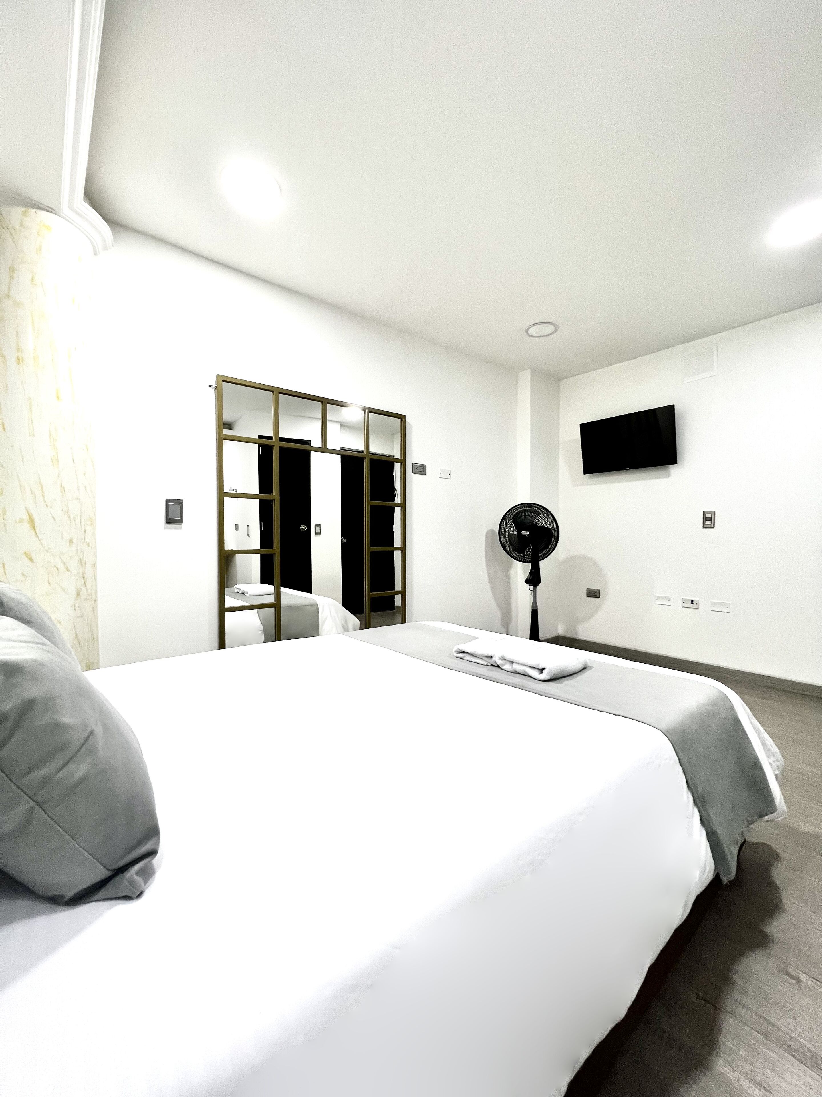 Une chambre d’hôtel moderne dotée d’un grand lit, d’une télévision à écran plat, d’un ventilateur de chevet et d’un meuble-miroir.