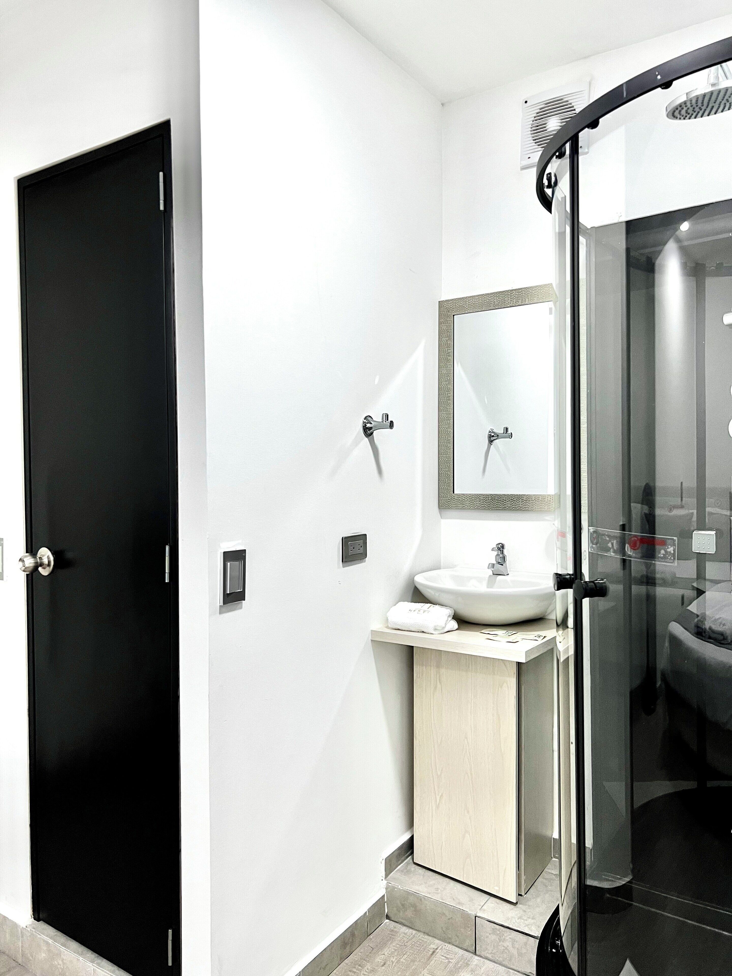 Une salle de bain moderne avec une porte noire, une douche en verre et un lavabo blanc.
