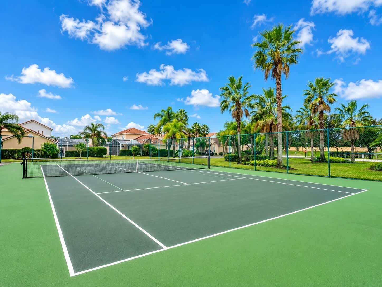 Una cancha de tenis con una red, rodeada de palmeras y casas.